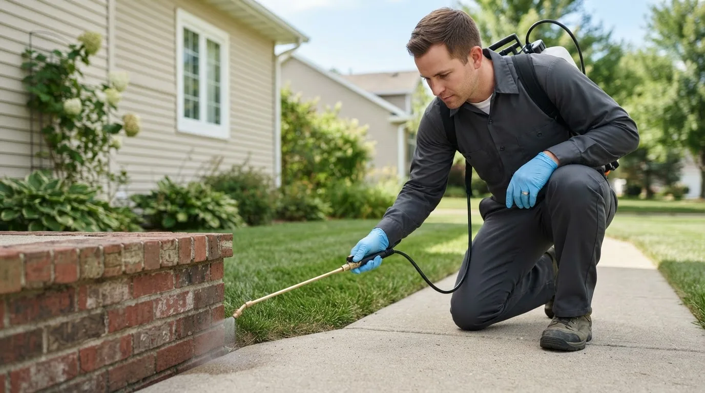 Pest control technician treating a home near New Vineyard, ME