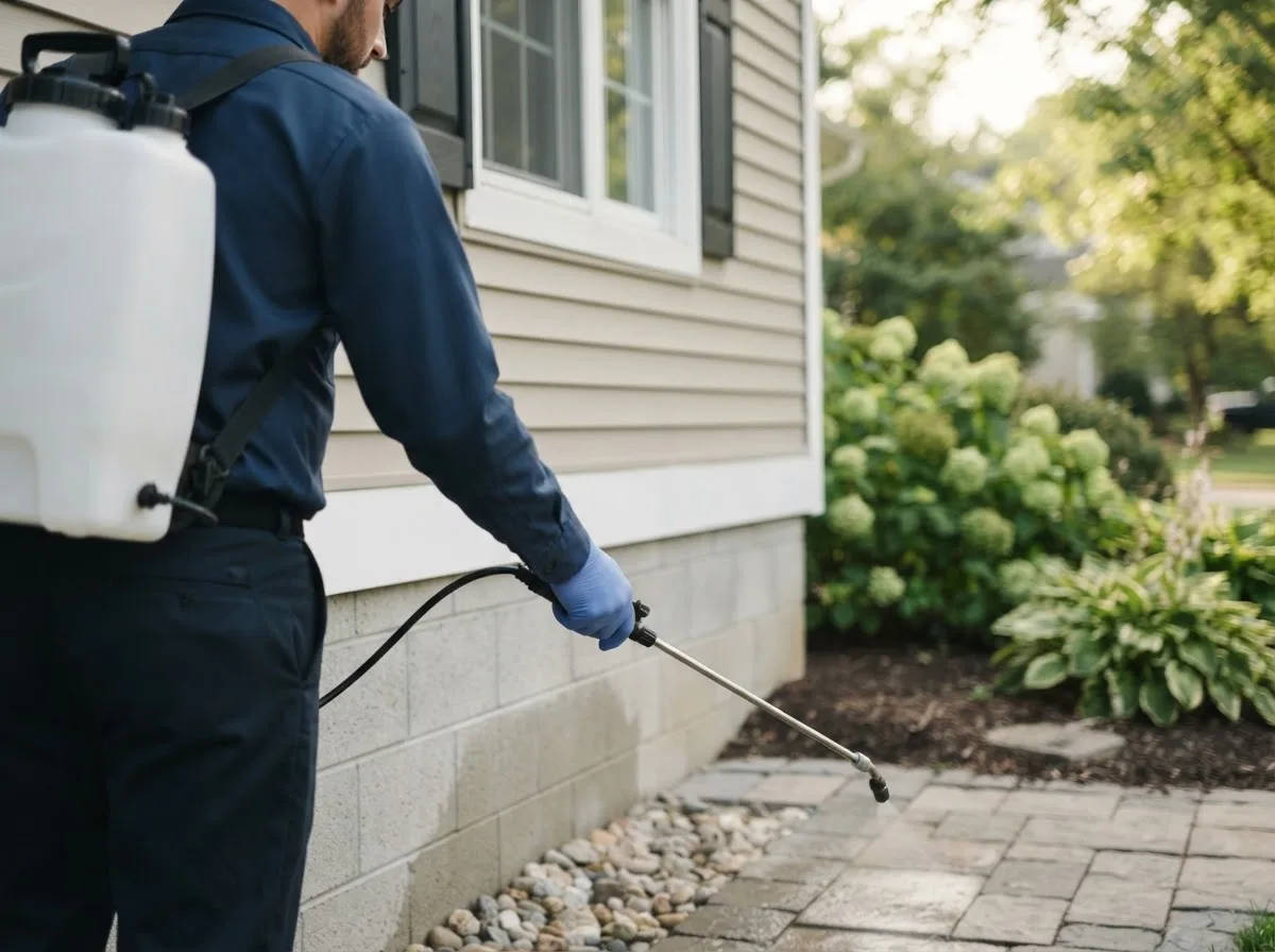 Pest control technician inspecting a home in New Vineyard, ME
